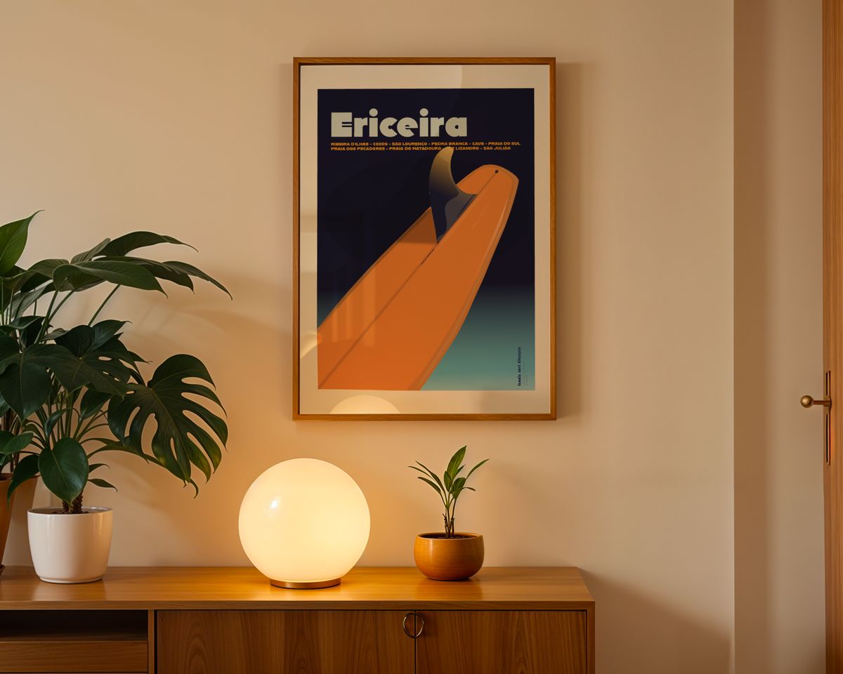Framed Surf Poster Ericeira displayed in a framed wall art mockup by MATHIS
