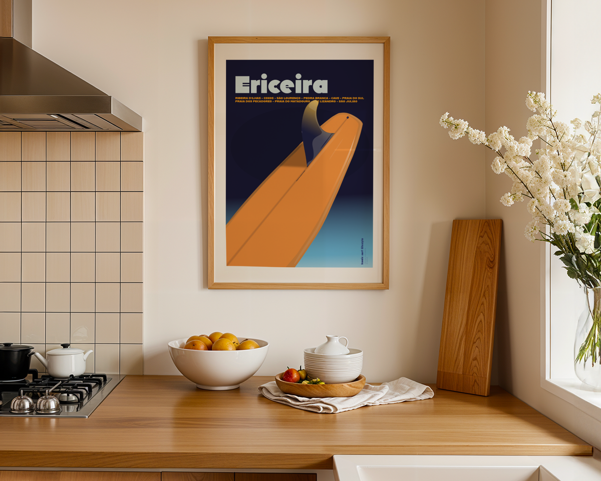 Framed Surf Poster Ericeira displayed in a framed wall art mockup by MATHIS