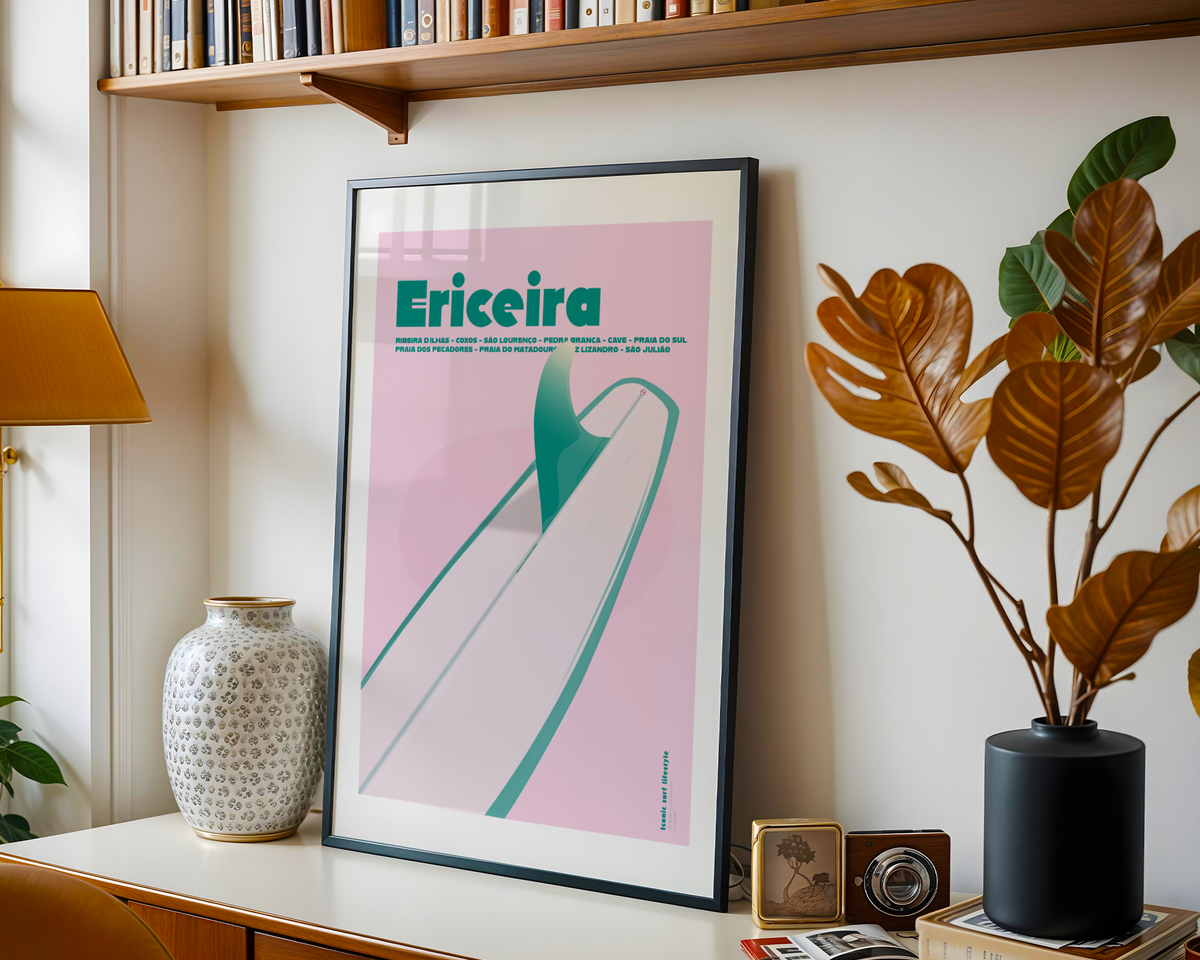 Framed Ericeira Boardwalk Poster displayed in a framed wall art mockup by MATHIS