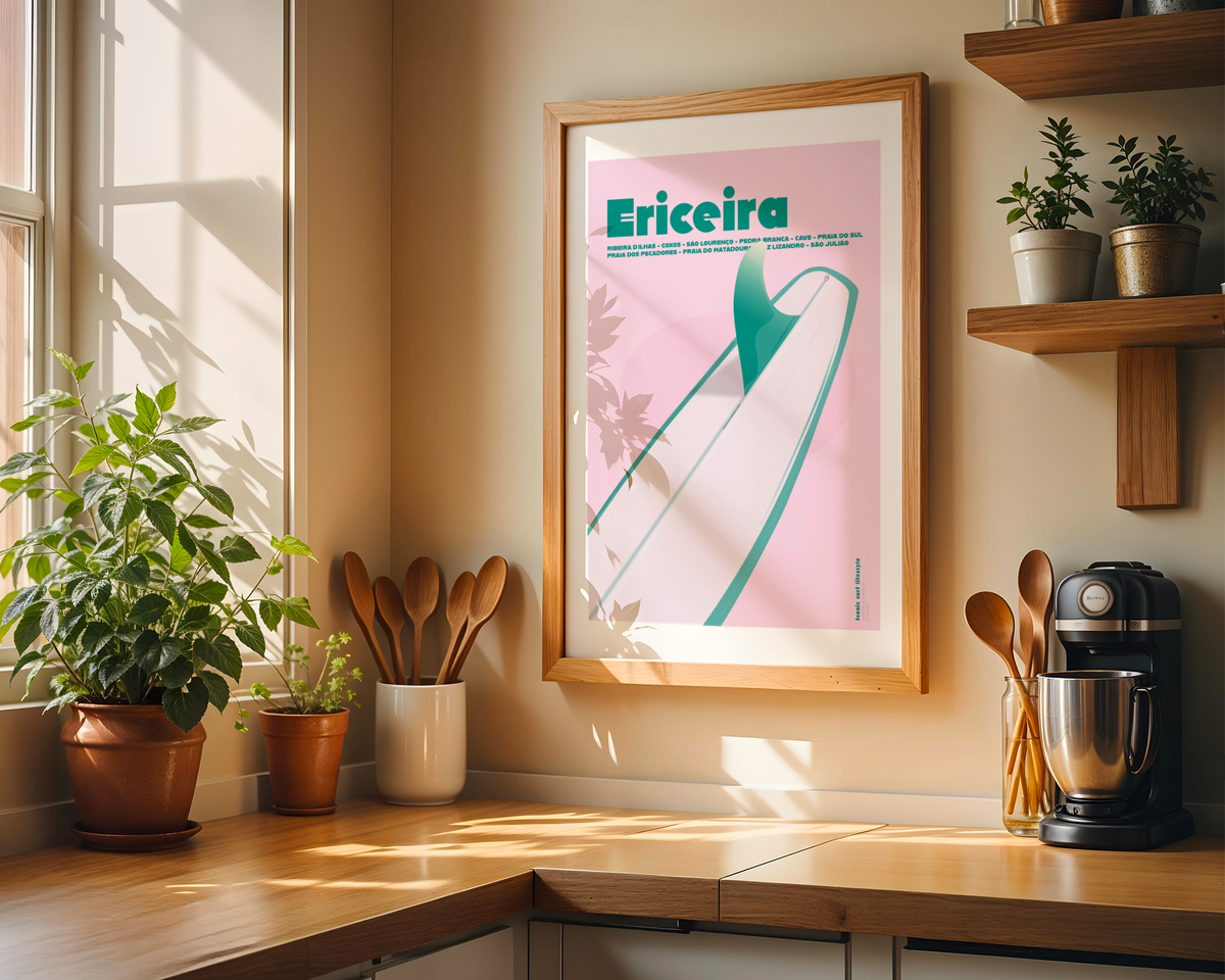 Framed Ericeira Boardwalk Poster displayed in a framed wall art mockup by MATHIS