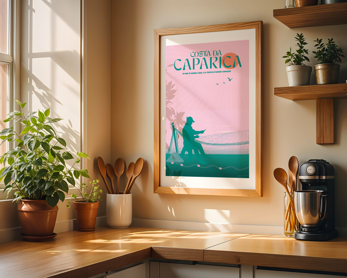 Caparica Fisherman Poster wall art mockup - hand-drawn Costa da Caparica poster by MATHIS