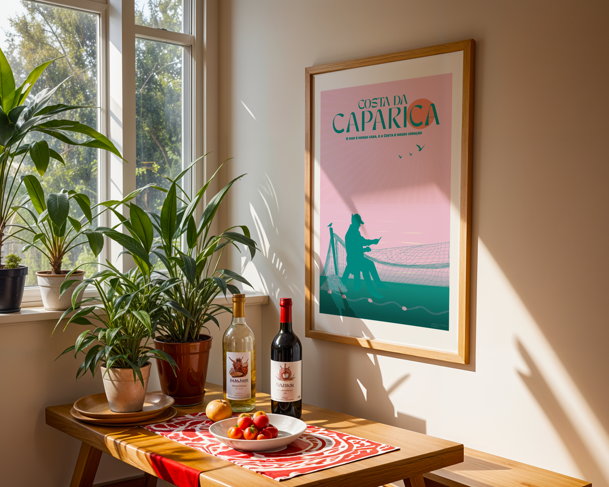 Framed Caparica Fisherman Poster displayed in a framed wall art mockup by MATHIS