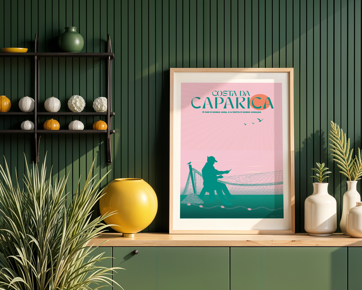 Caparica Fisherman Poster wall art mockup - hand-drawn Costa da Caparica poster by MATHIS