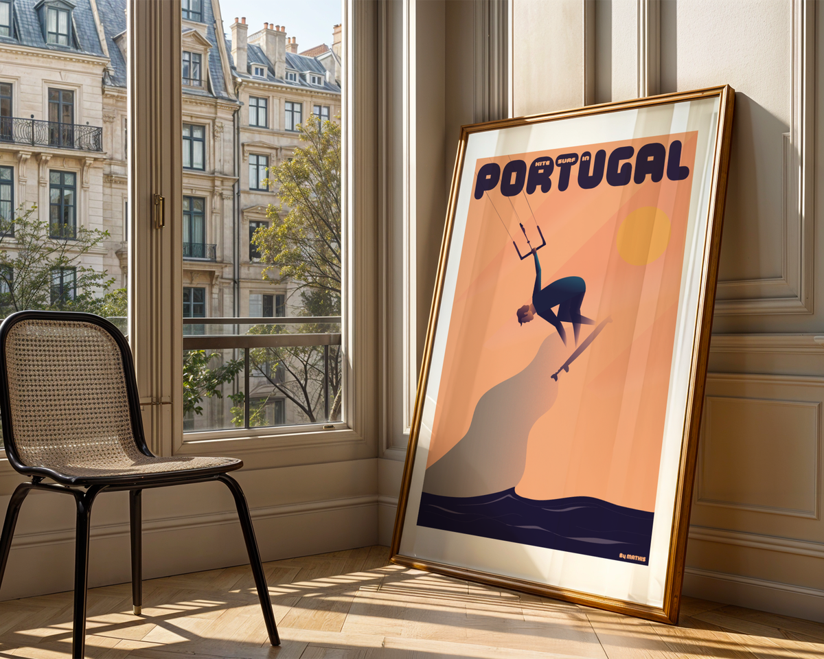 Framed Kitesurfing Poster Portugal displayed in a framed wall art mockup by MATHIS