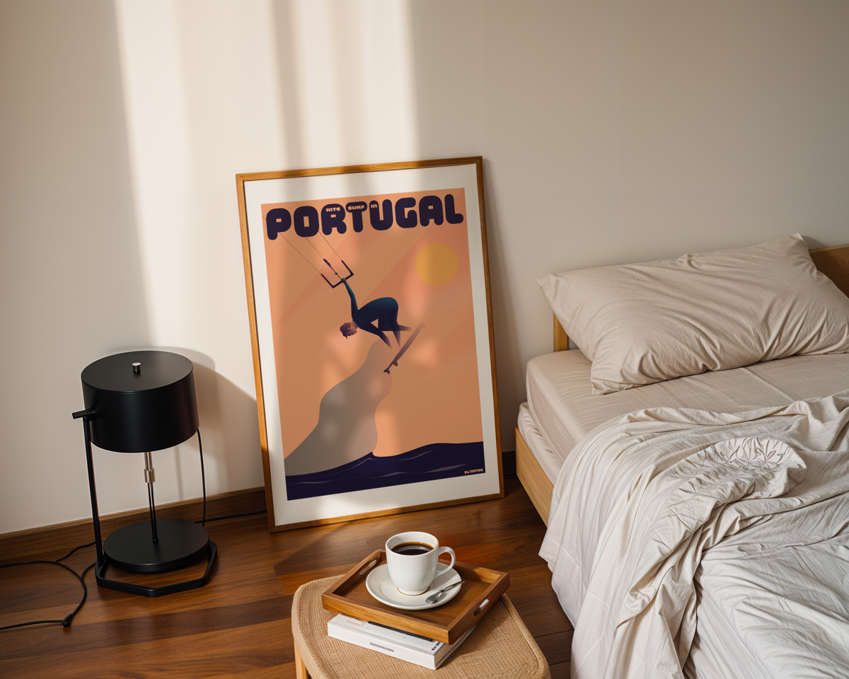 Framed Kitesurfing Poster Portugal displayed in a framed wall art mockup by MATHIS