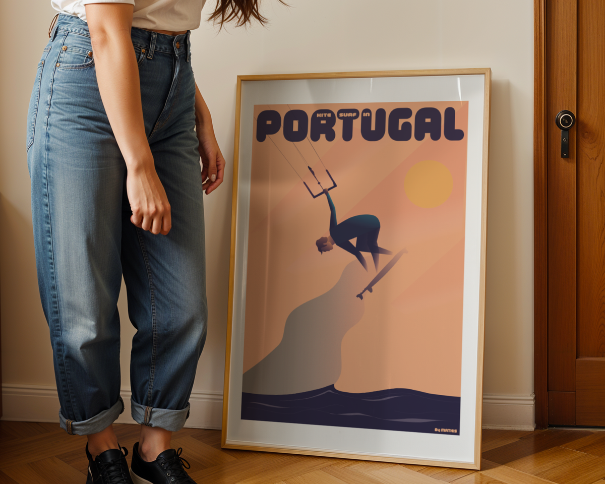 Kitesurfing Poster Portugal wall art mockup - hand-drawn Costa da Caparica poster by MATHIS