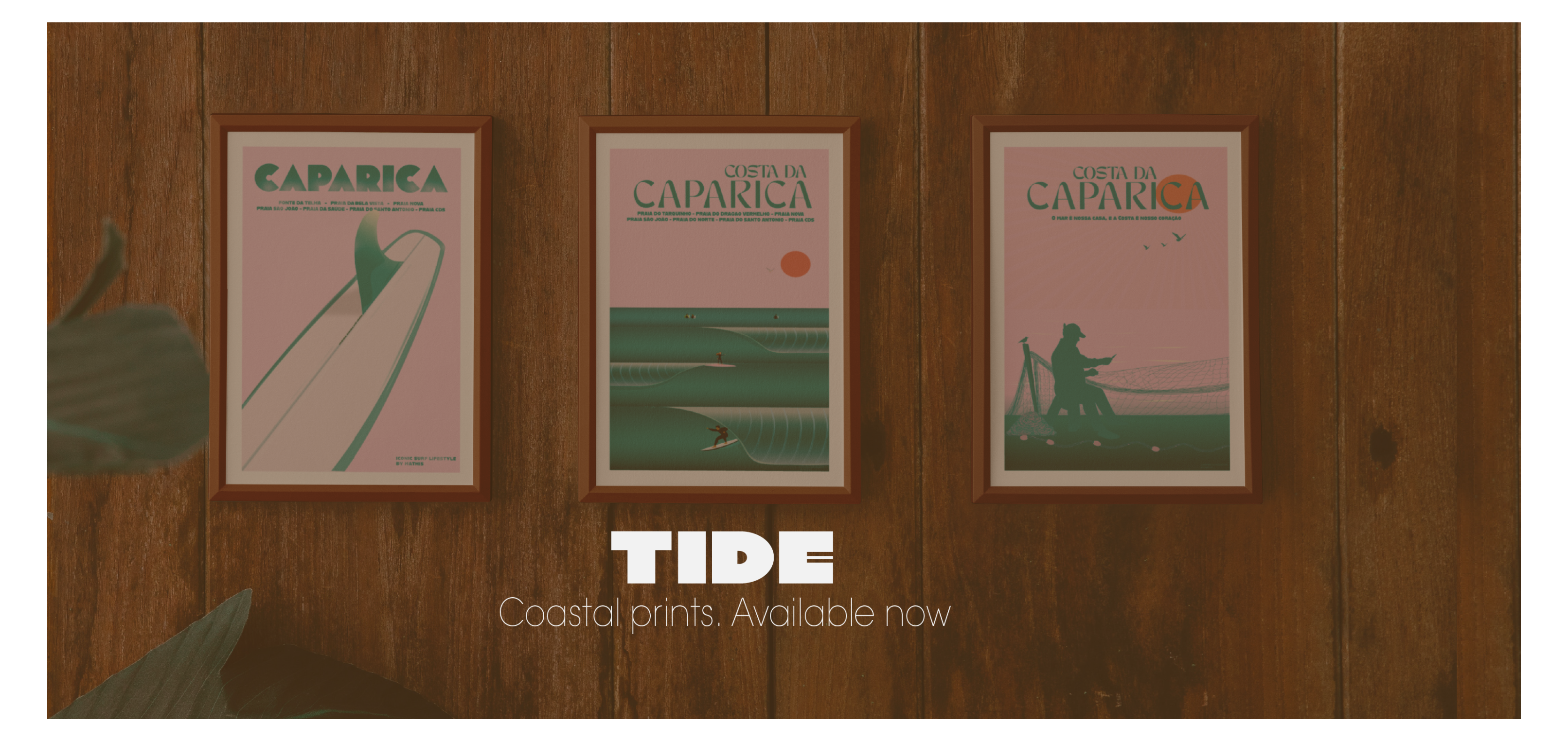 Three coastal-themed posters on a wooden panel with 'TIDE' branding.
