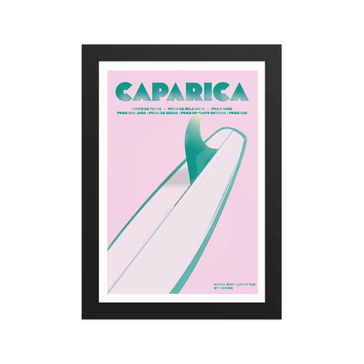 Framed Caparica longboard girly framed print mockup in black frame - hand-drawn Costa da Caparica wall art by MATHIS