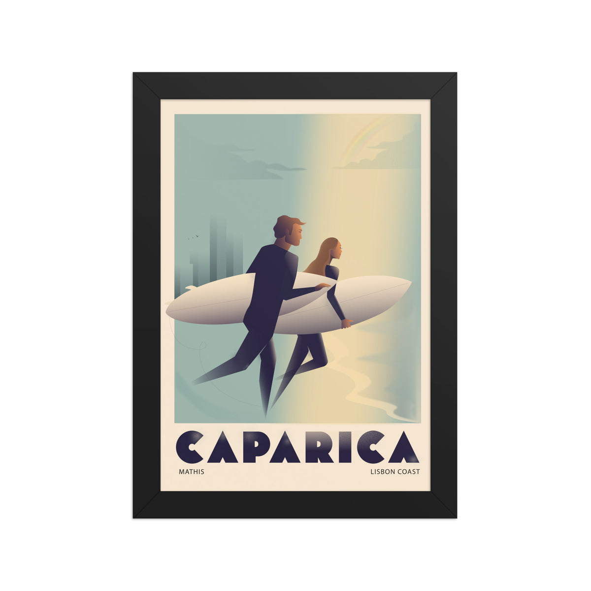 Framed Couple surf framed print mockup in black frame - hand-drawn Portugal wall art by MATHIS