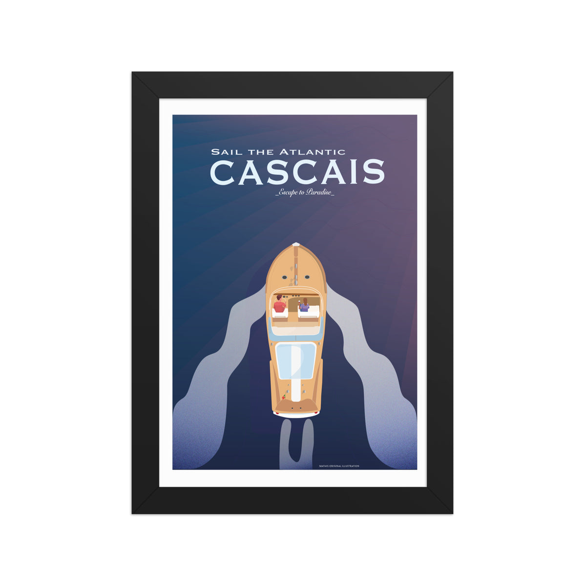 Framed Cascais boat couple framed print mockup in black frame - hand-drawn Cascais wall art by MATHIS