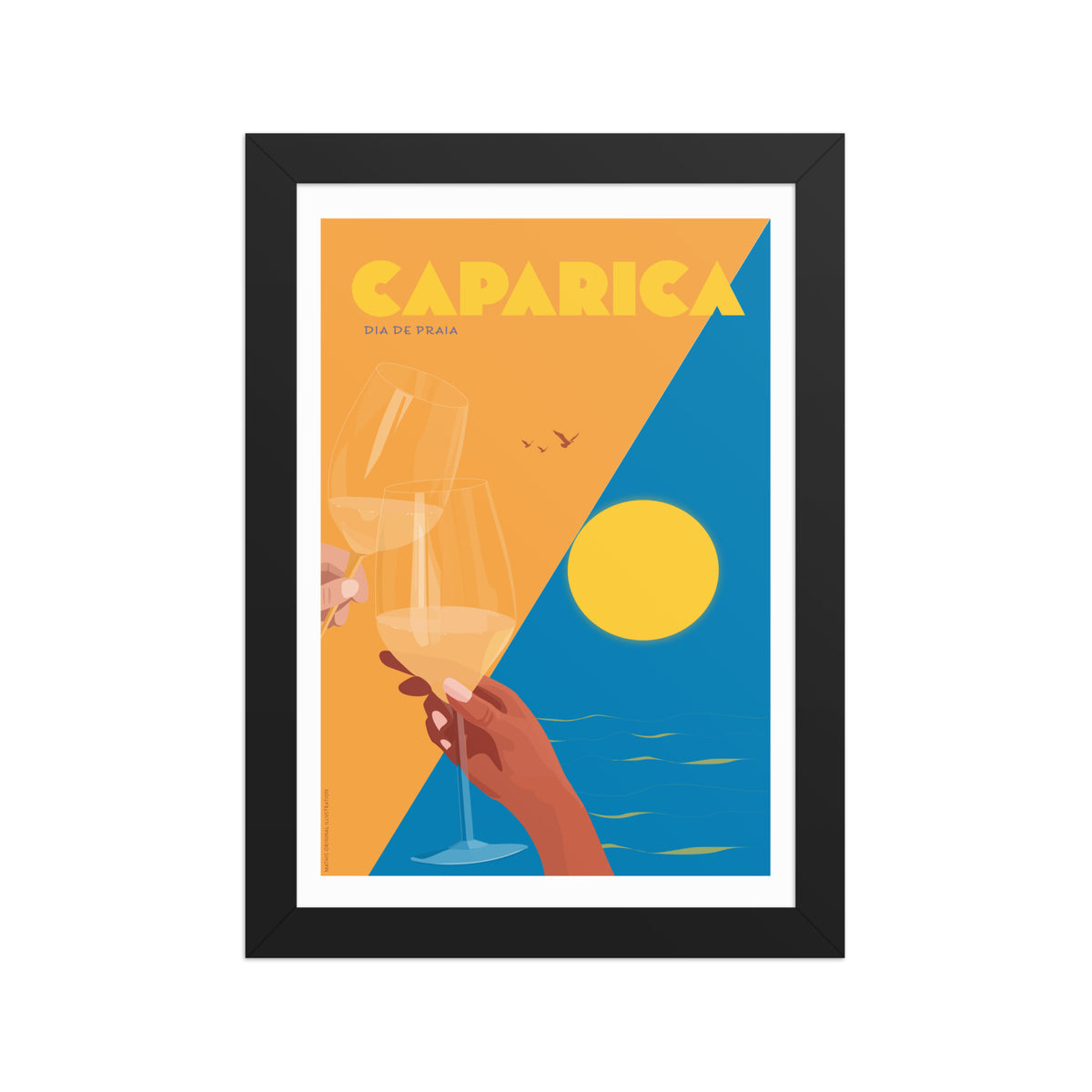 Framed Dia de Praia framed print mockup in black frame - hand-drawn Portugal wall art by MATHIS