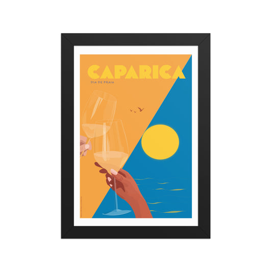 Framed Dia de Praia framed print mockup in black frame - hand-drawn Portugal wall art by MATHIS