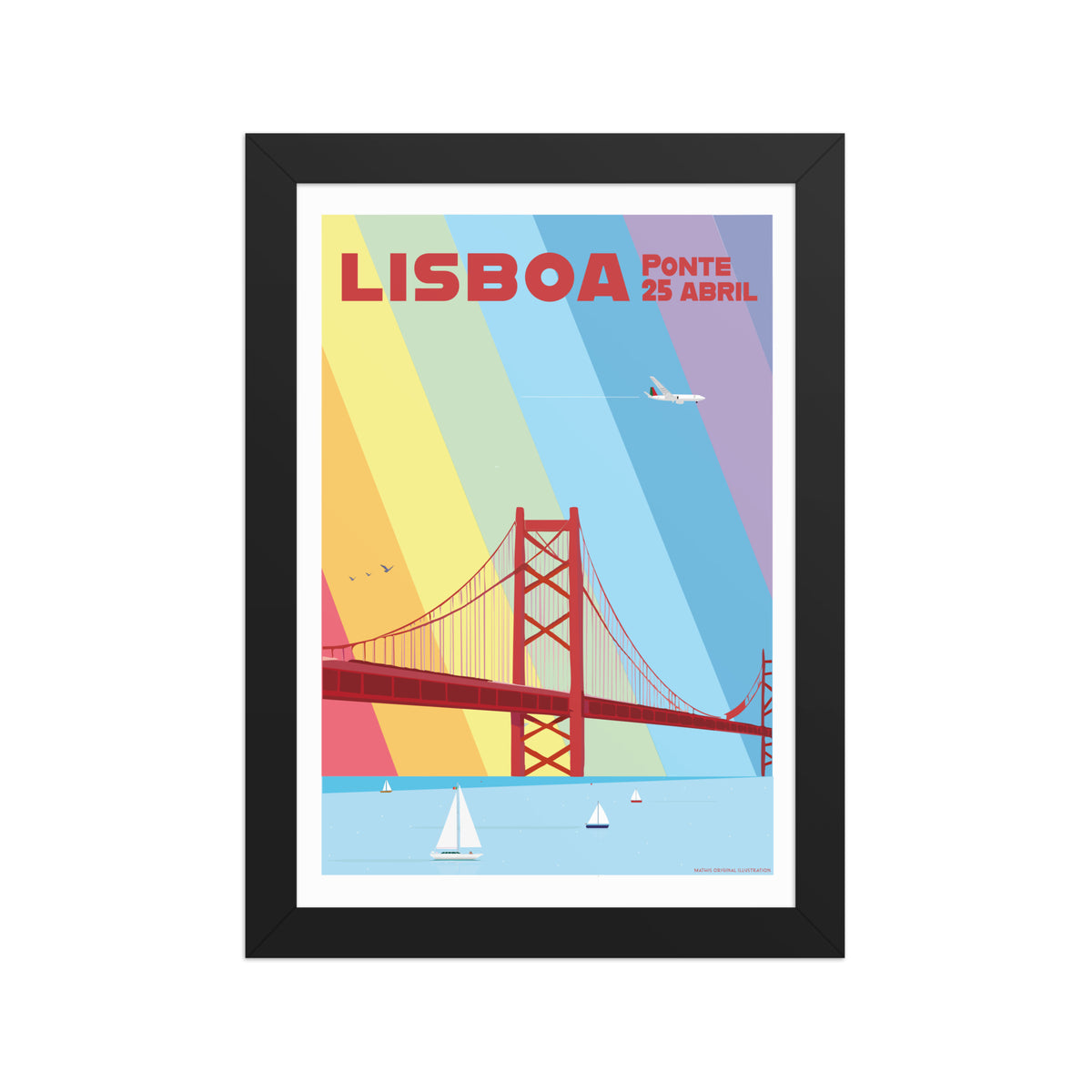 Framed Bridge Multicolor framed print mockup in black frame - hand-drawn Portugal wall art by MATHIS