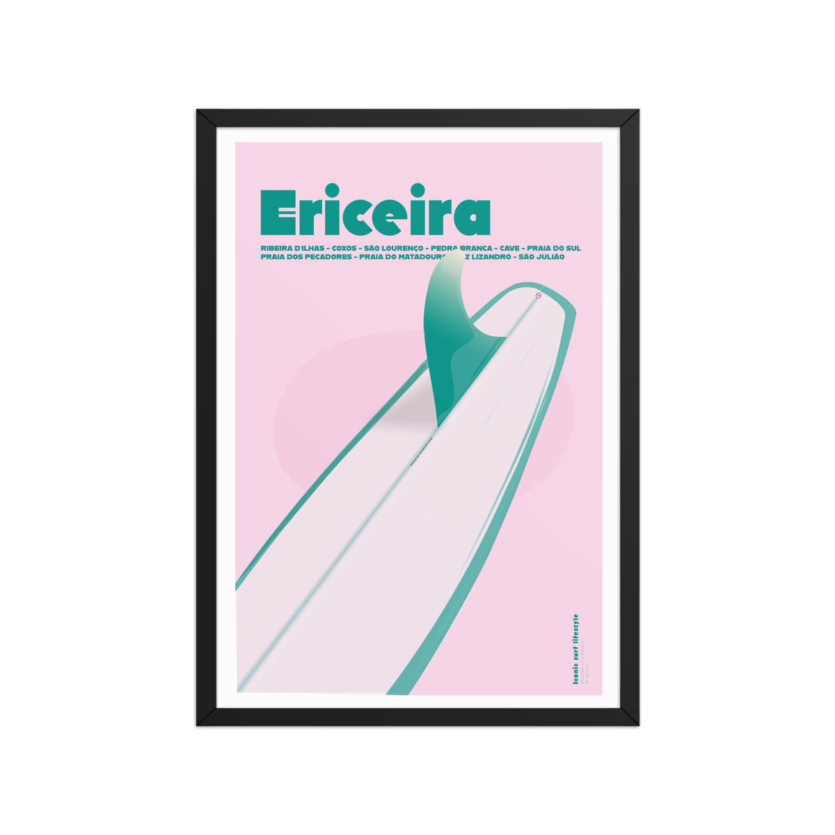 Framed Ericeira Boardwalk Poster framed print mockup in black frame - hand-drawn Ericeira wall art by MATHIS