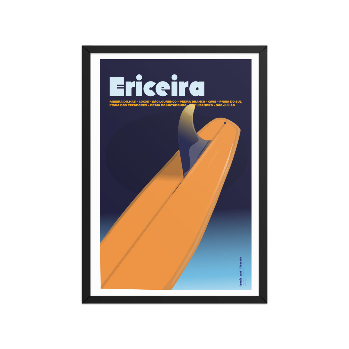 Framed Surf Poster Ericeira framed print mockup in black frame - hand-drawn Ericeira wall art by MATHIS