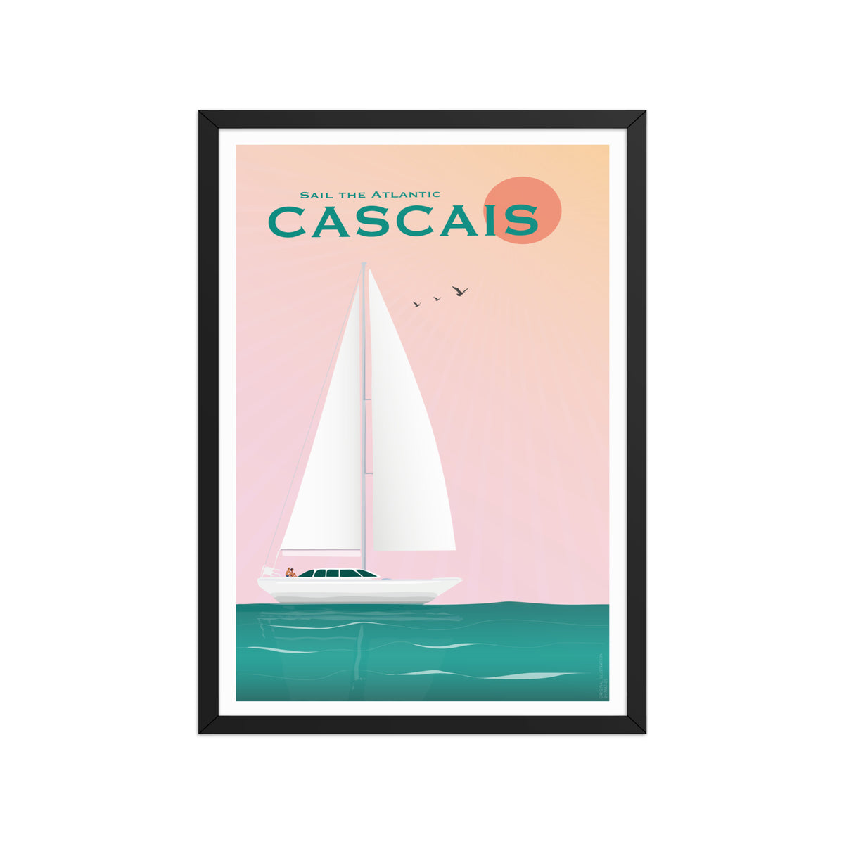 Framed Cascais Sailing Poster framed print mockup in black frame - hand-drawn Cascais wall art by MATHIS