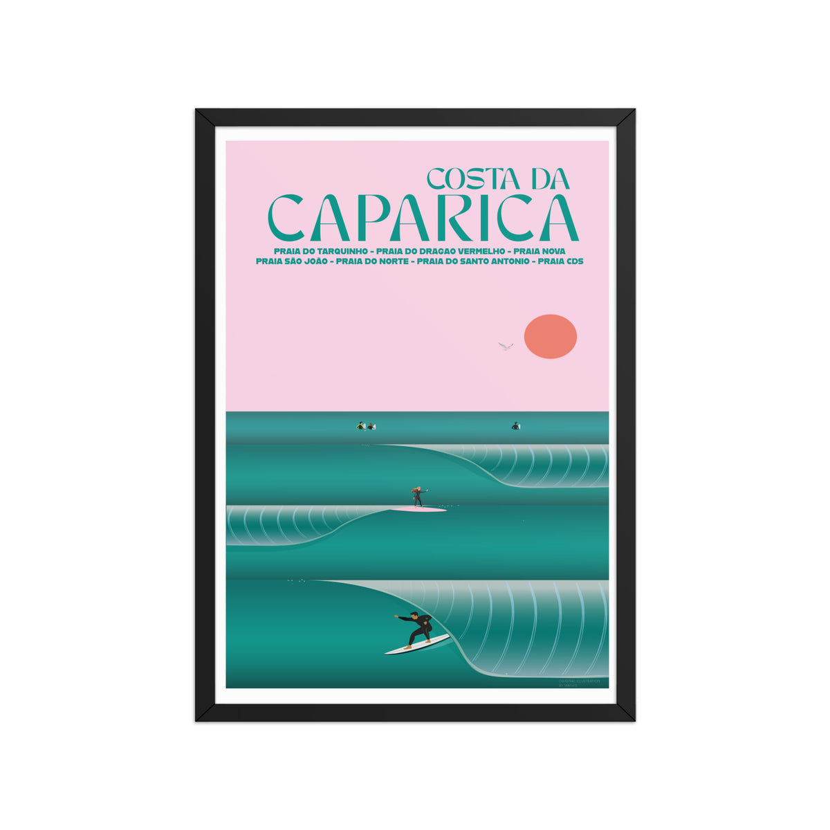 Framed Caparica Barrel Poster framed print mockup in black frame - hand-drawn Costa da Caparica wall art by MATHIS