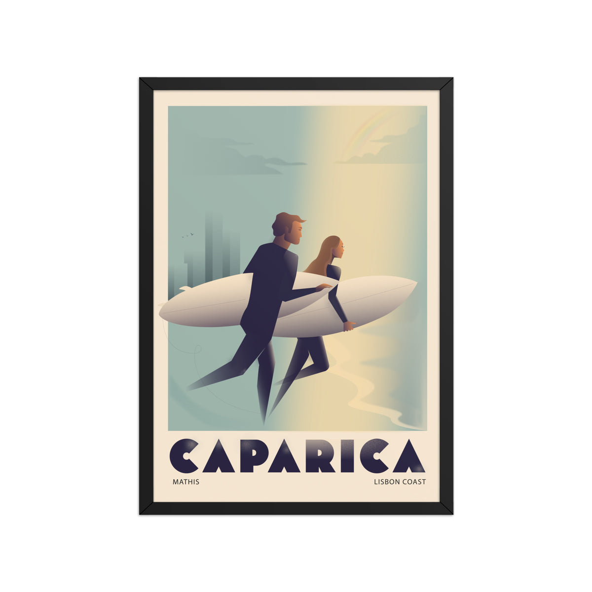 Framed Couple surf framed print mockup in black frame - hand-drawn Portugal wall art by MATHIS