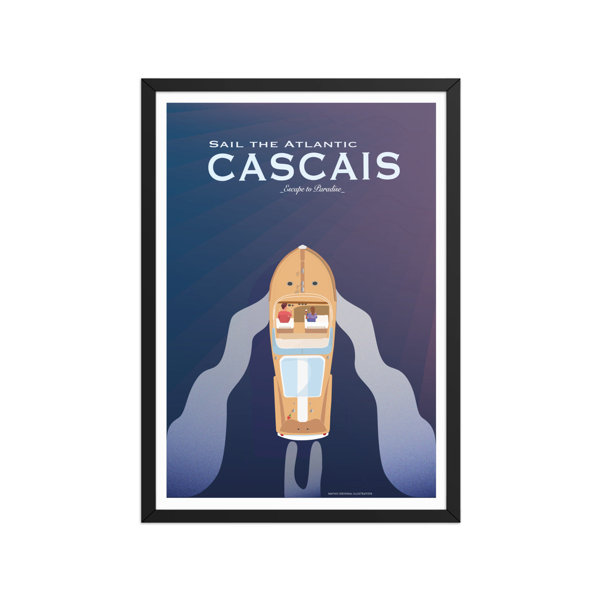 Framed Cascais boat couple framed print mockup in black frame - hand-drawn Cascais wall art by MATHIS