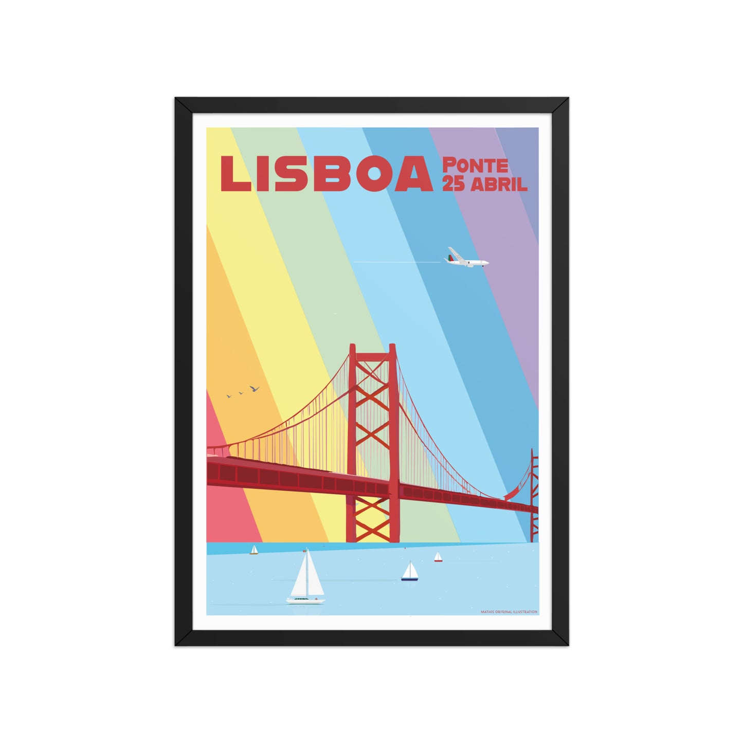 Framed Bridge Multicolor framed print mockup in black frame - hand-drawn Portugal wall art by MATHIS