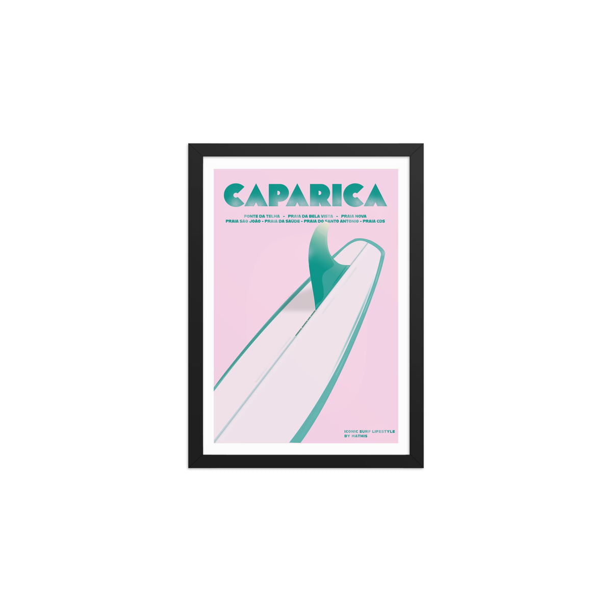 Framed Caparica longboard girly framed print mockup in black frame - hand-drawn Costa da Caparica wall art by MATHIS
