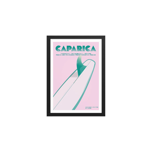 Framed Caparica longboard girly framed print mockup in black frame - hand-drawn Costa da Caparica wall art by MATHIS