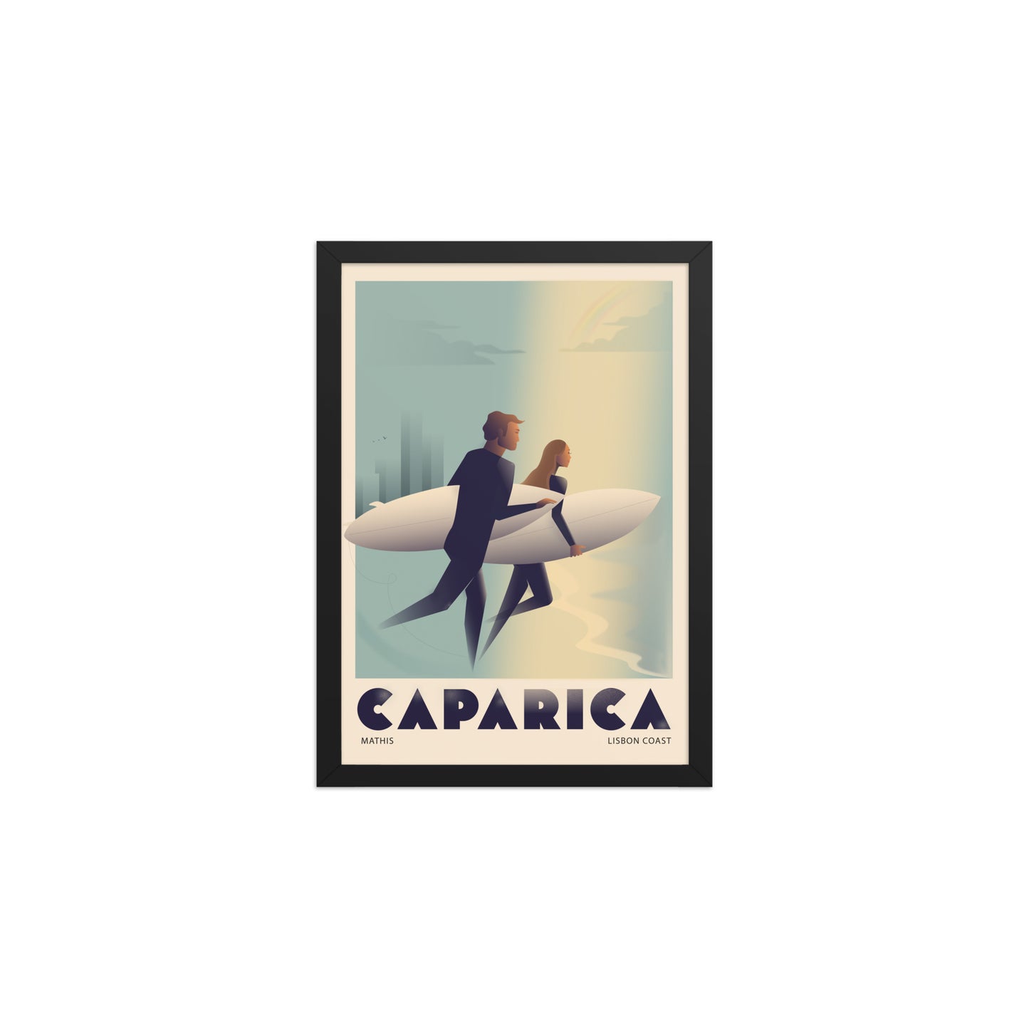 Framed Couple surf framed print mockup in black frame - hand-drawn Portugal wall art by MATHIS