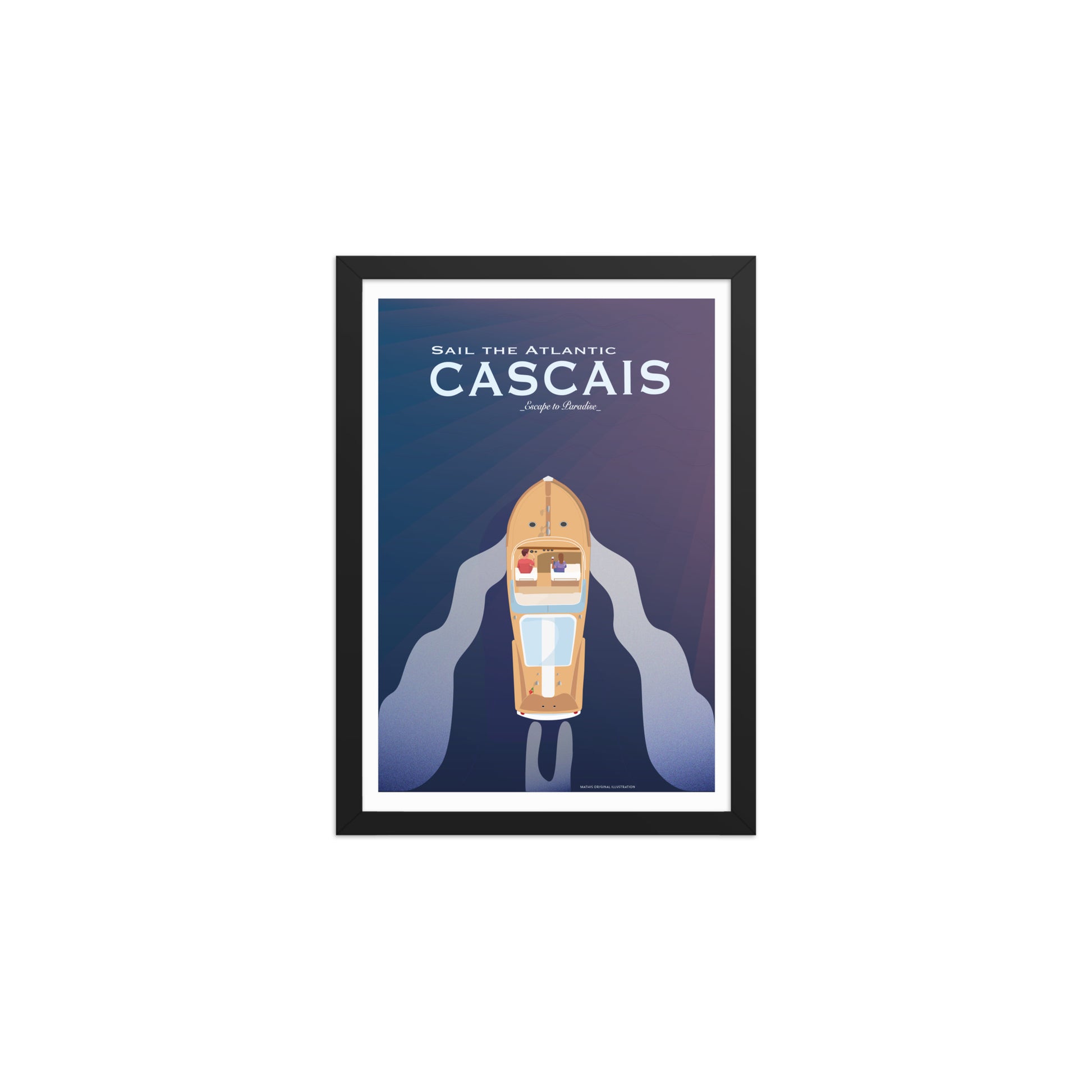 Framed Cascais boat couple framed print mockup in black frame - hand-drawn Cascais wall art by MATHIS