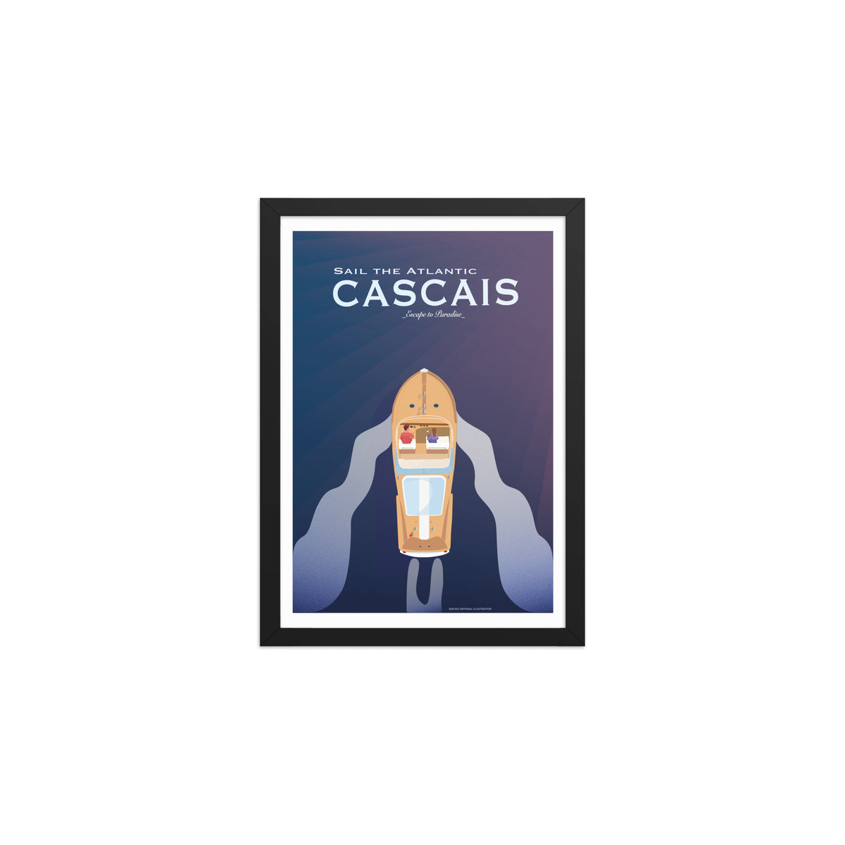 Framed Cascais boat couple framed print mockup in black frame - hand-drawn Cascais wall art by MATHIS