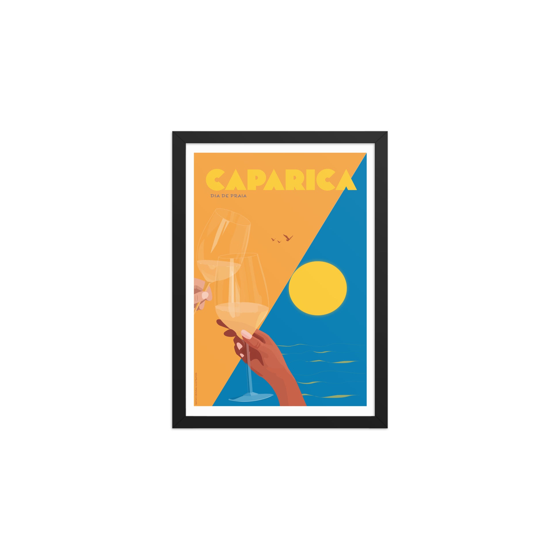 Framed Dia de Praia framed print mockup in black frame - hand-drawn Portugal wall art by MATHIS