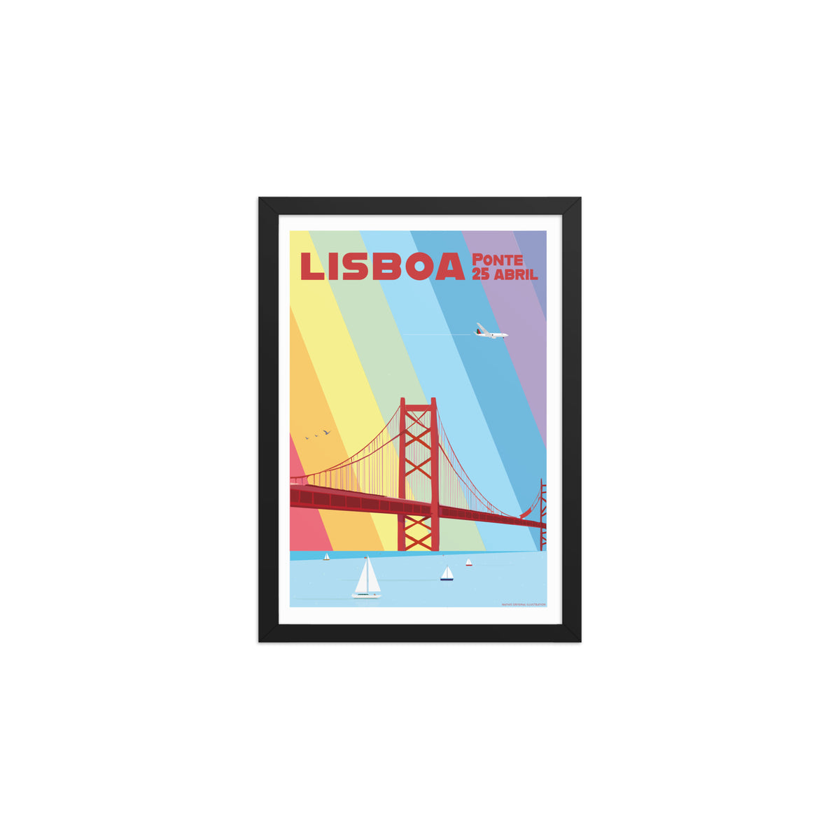 Framed Bridge Multicolor framed print mockup in black frame - hand-drawn Portugal wall art by MATHIS