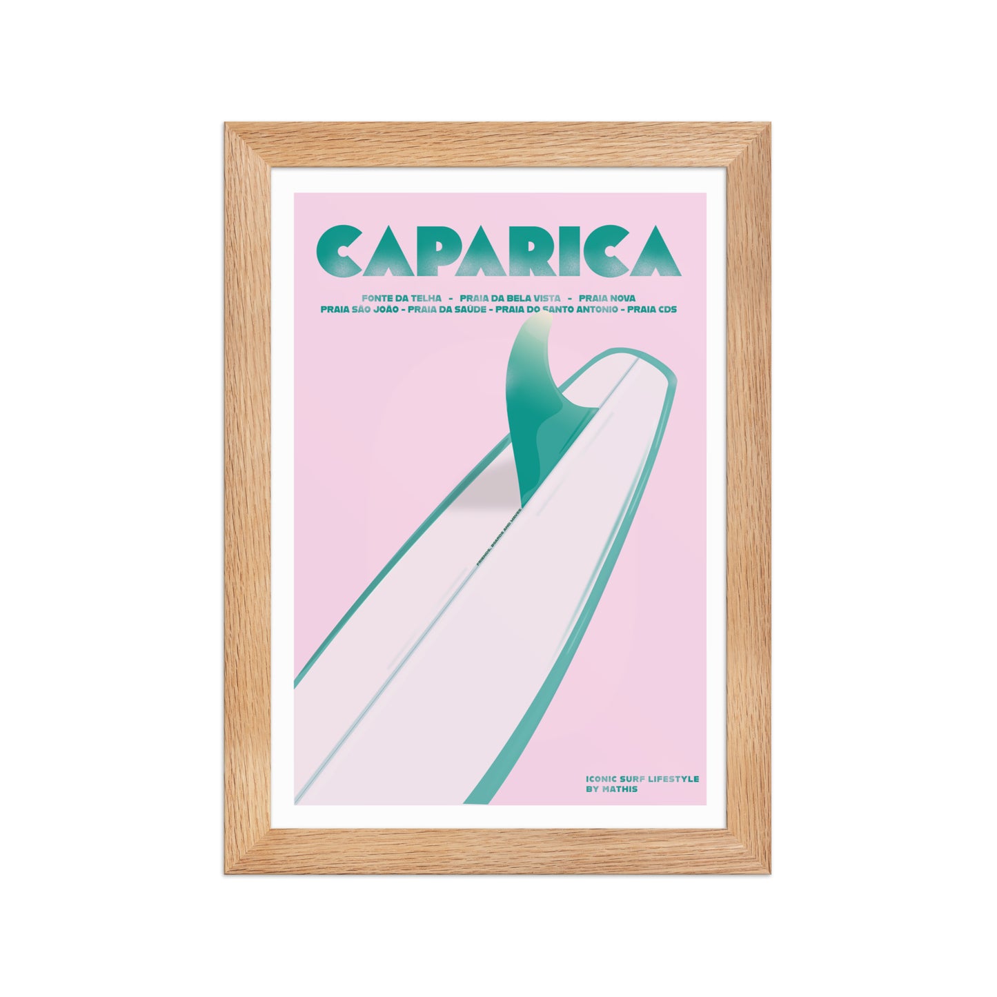 Framed Caparica longboard girly framed print mockup in oak frame - hand-drawn Costa da Caparica wall art by MATHIS
