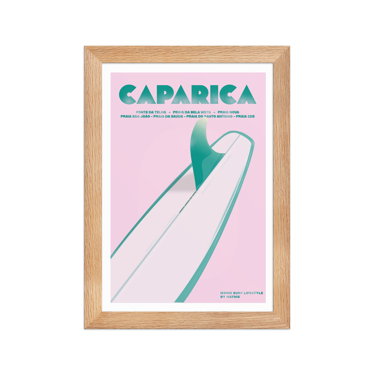 Framed Caparica longboard girly framed print mockup in oak frame - hand-drawn Costa da Caparica wall art by MATHIS
