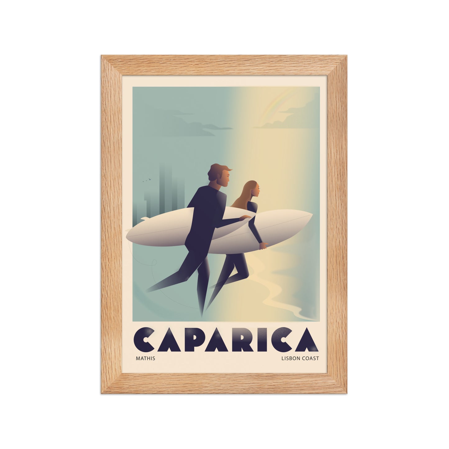 Framed Couple surf framed print mockup in oak frame - hand-drawn Portugal wall art by MATHIS