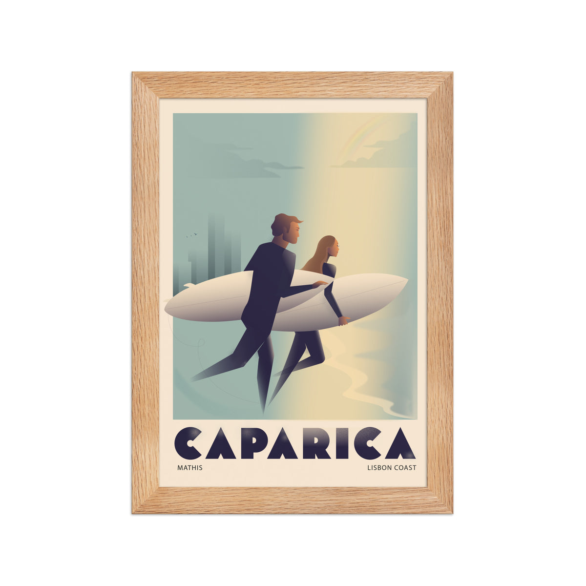 Framed Couple surf framed print mockup in oak frame - hand-drawn Portugal wall art by MATHIS