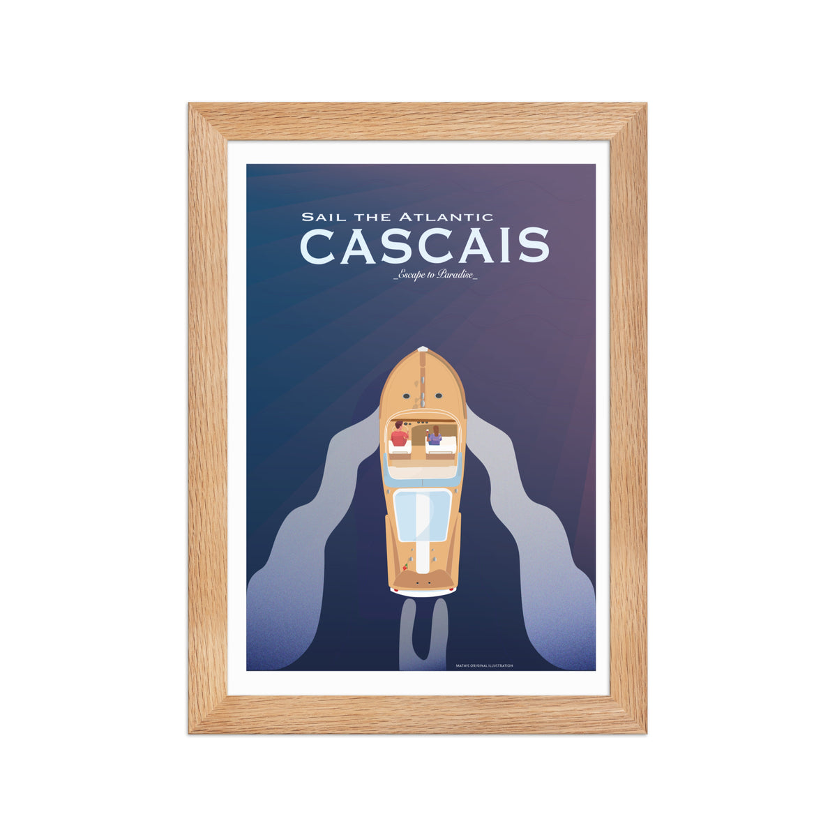 Framed Cascais boat couple framed print mockup in oak frame - hand-drawn Cascais wall art by MATHIS