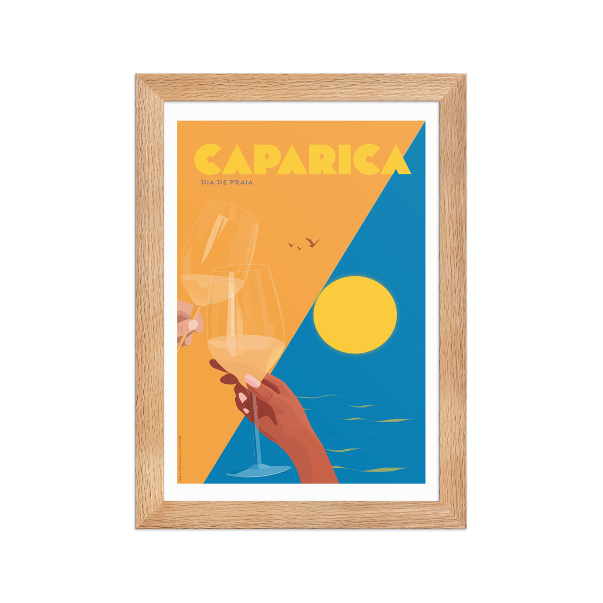 Framed Dia de Praia framed print mockup in oak frame - hand-drawn Portugal wall art by MATHIS