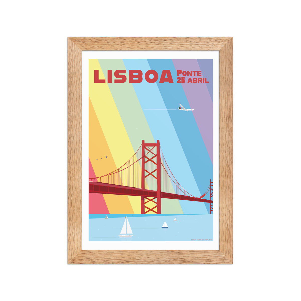 Framed Bridge Multicolor framed print mockup in oak frame - hand-drawn Portugal wall art by MATHIS