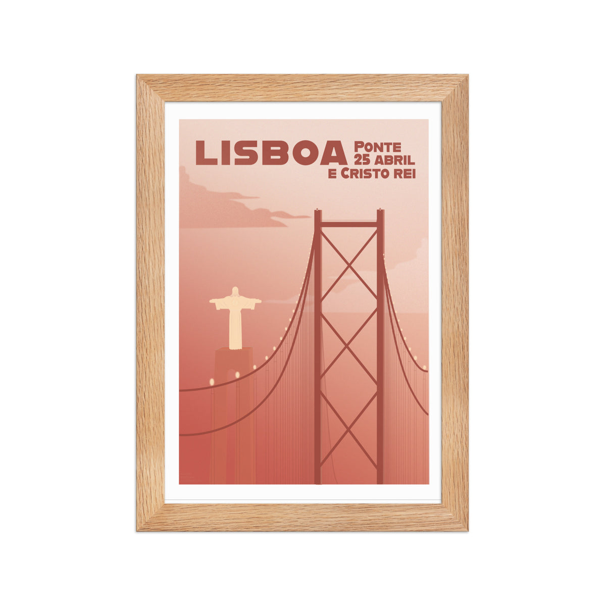 Framed Mi-pont framed print mockup in oak frame - hand-drawn Portugal wall art by MATHIS