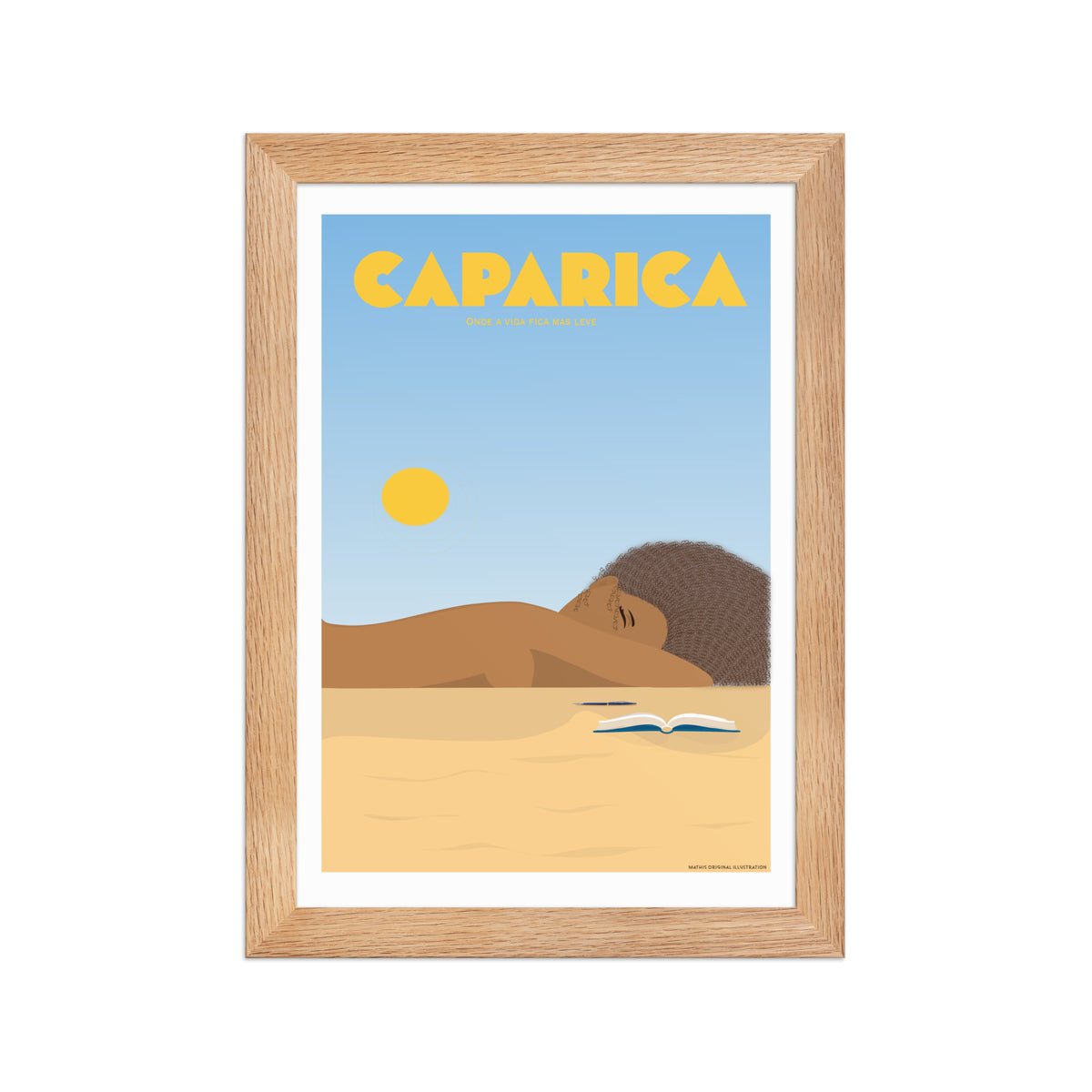 Framed Beach life framed print mockup in oak frame - hand-drawn Portugal wall art by MATHIS