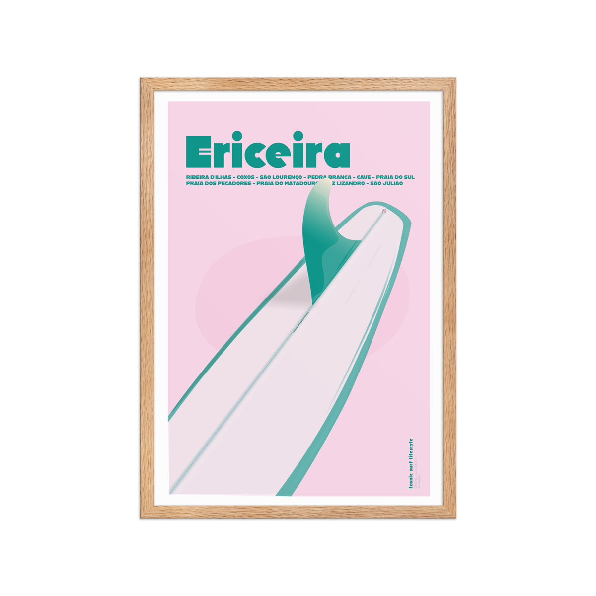 Framed Ericeira Boardwalk Poster framed print mockup in oak frame - hand-drawn Ericeira wall art by MATHIS