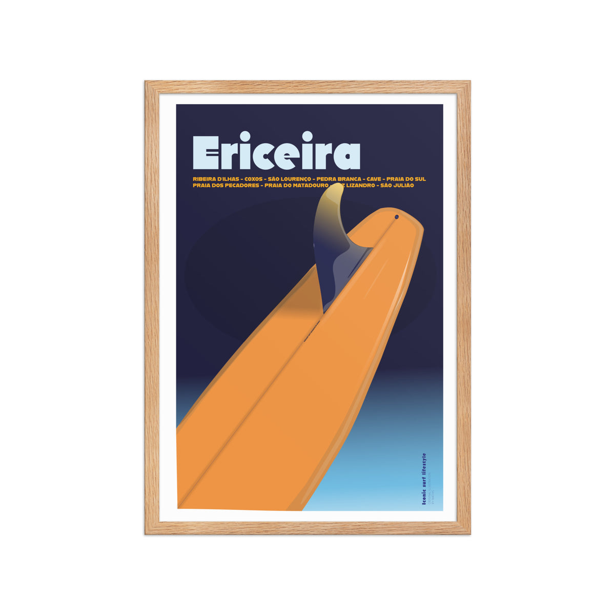 Framed Surf Poster Ericeira framed print mockup in oak frame - hand-drawn Ericeira wall art by MATHIS