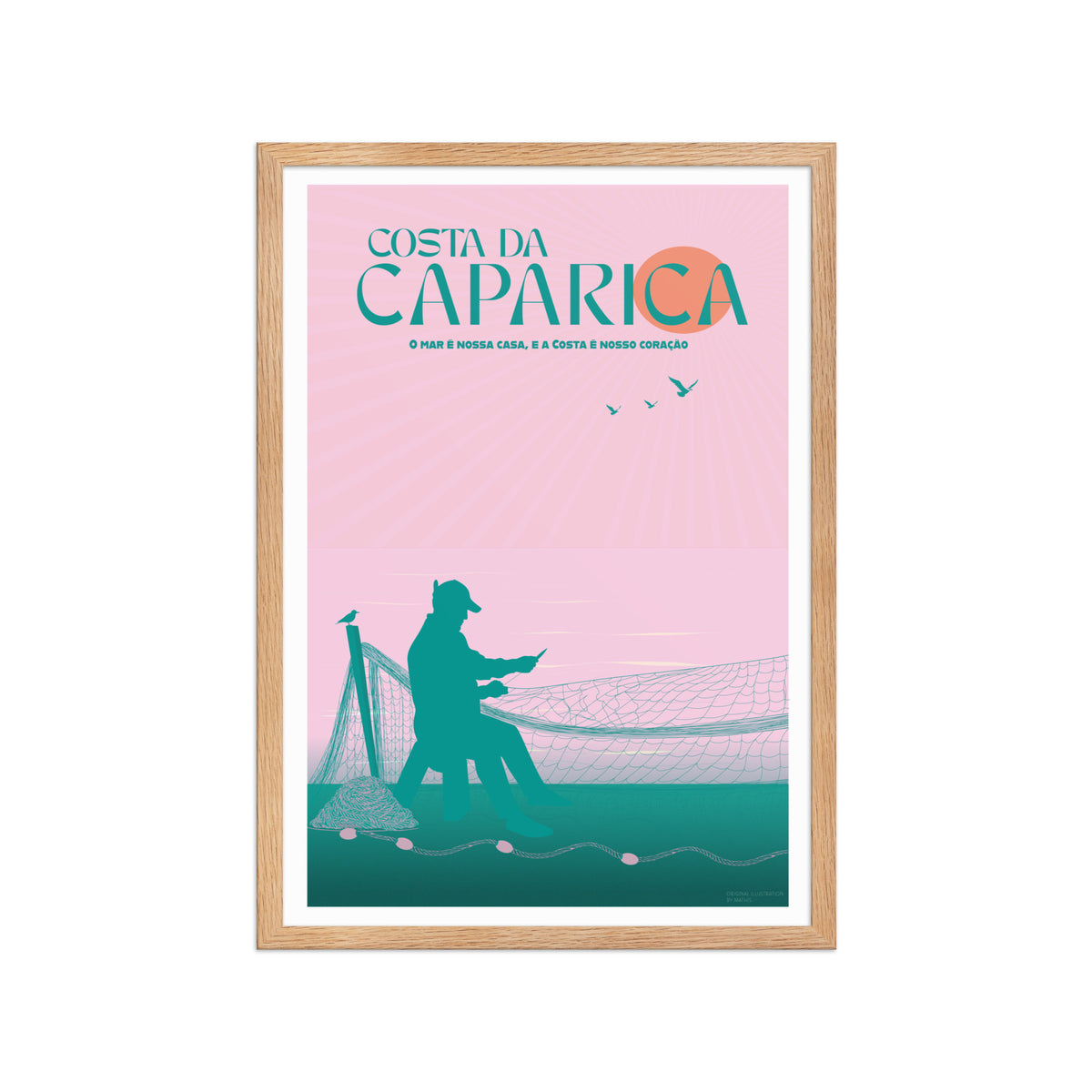 Framed Caparica Fisherman Poster framed print mockup in oak frame - hand-drawn Costa da Caparica wall art by MATHIS