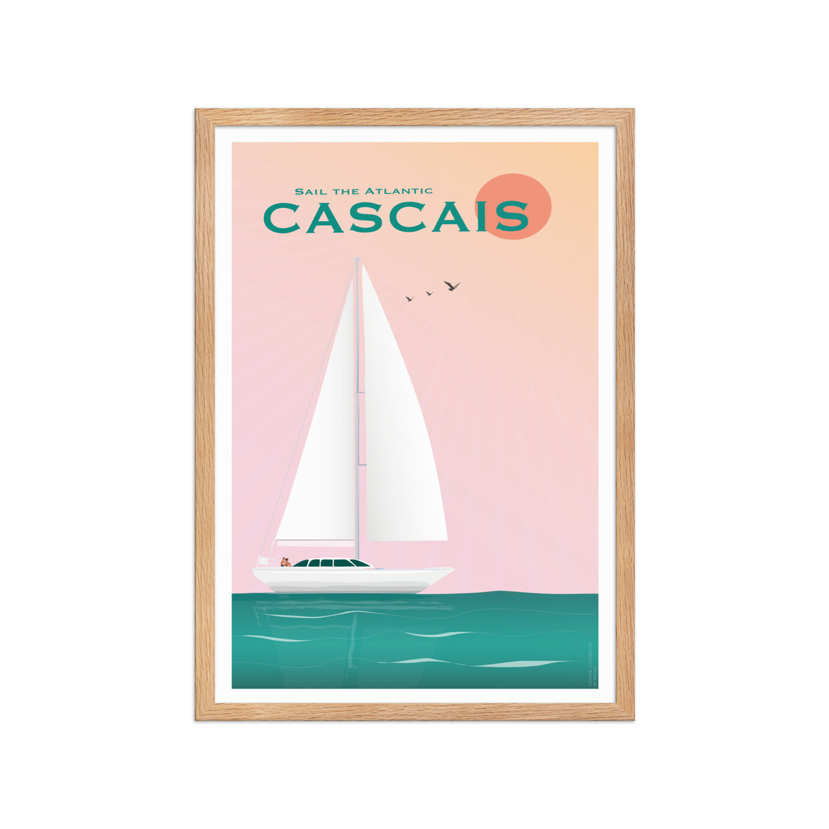 Framed Cascais Sailing Poster framed print mockup in oak frame - hand-drawn Cascais wall art by MATHIS