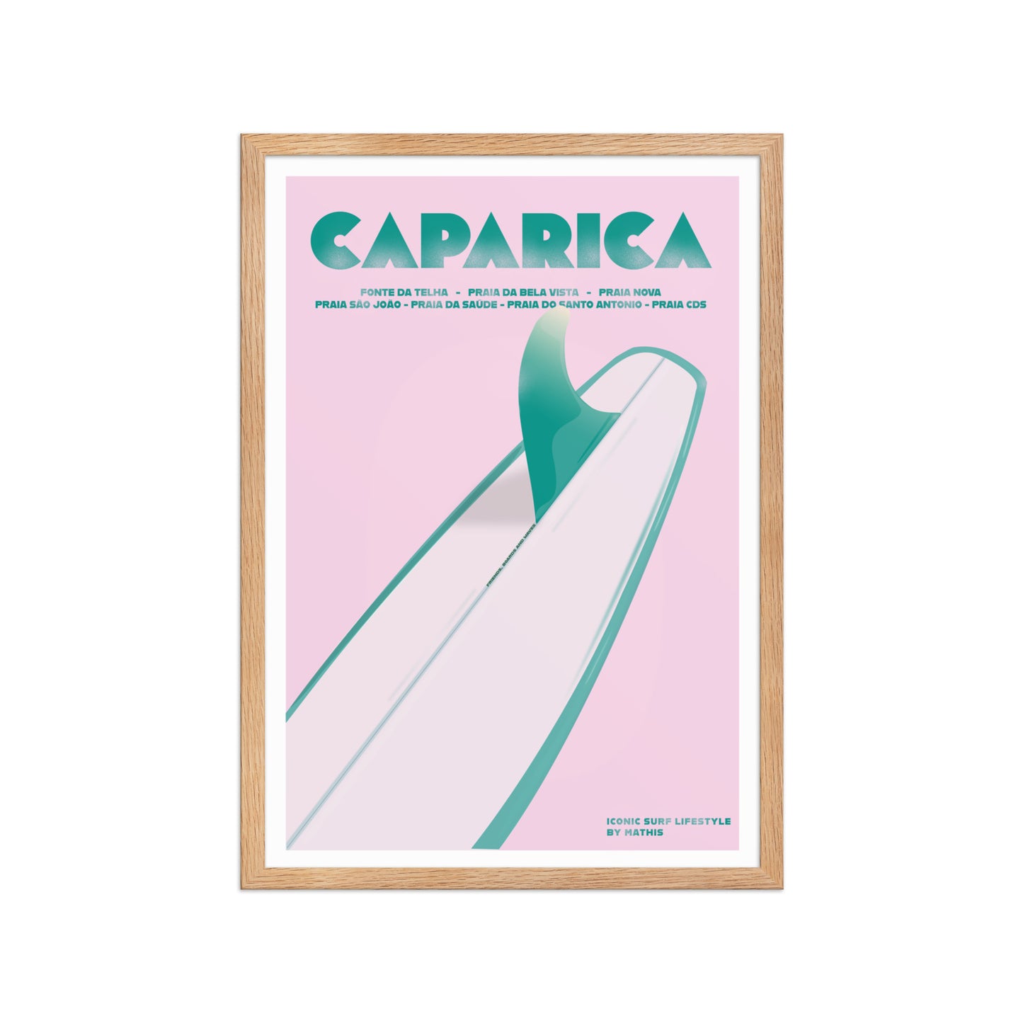 Framed Caparica longboard girly framed print mockup in oak frame - hand-drawn Costa da Caparica wall art by MATHIS