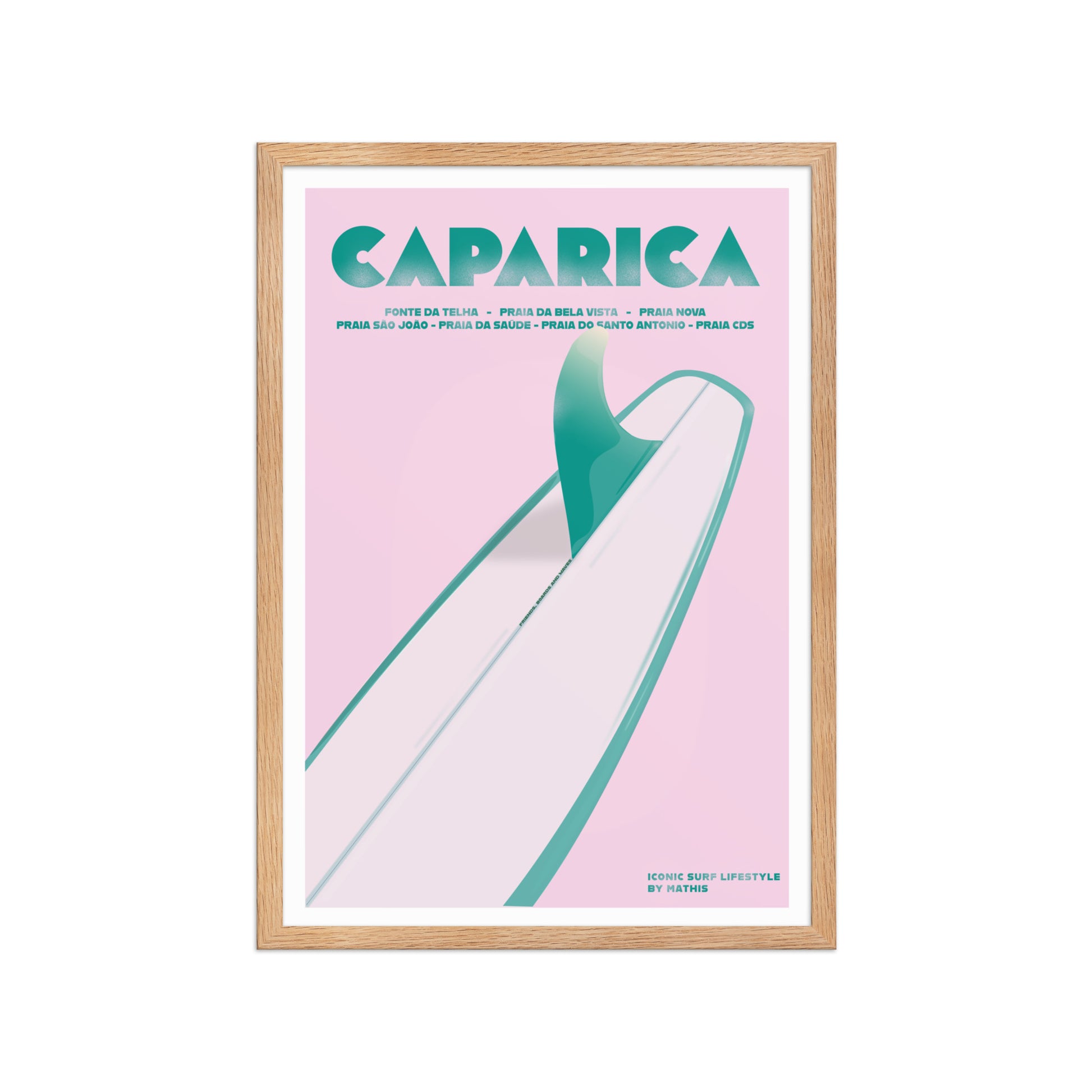 Framed Caparica longboard girly framed print mockup in oak frame - hand-drawn Costa da Caparica wall art by MATHIS