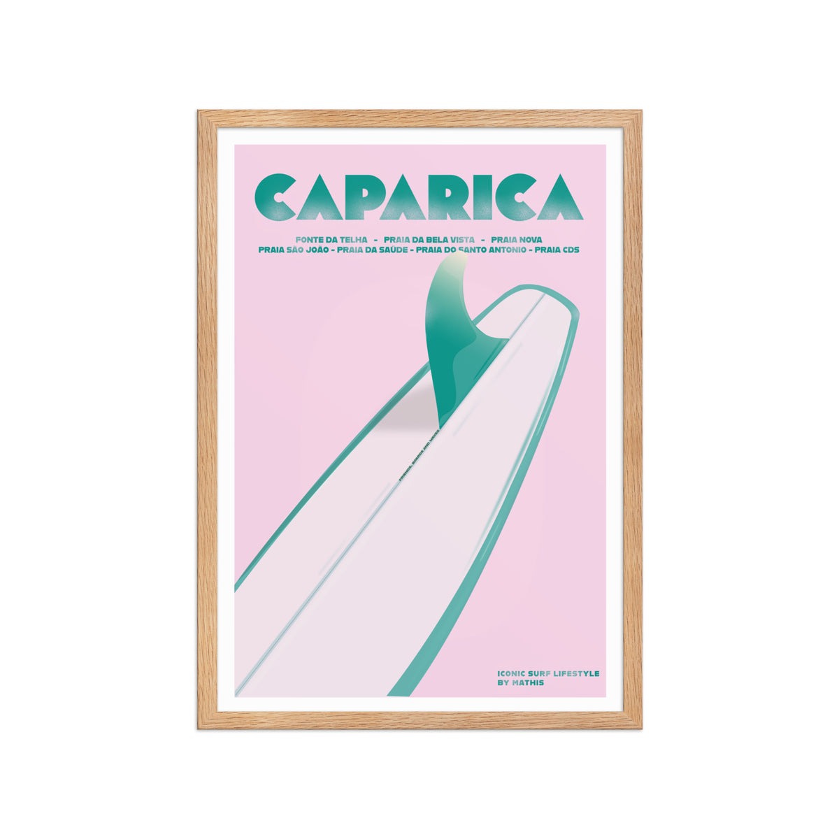 Framed Caparica longboard girly framed print mockup in oak frame - hand-drawn Costa da Caparica wall art by MATHIS