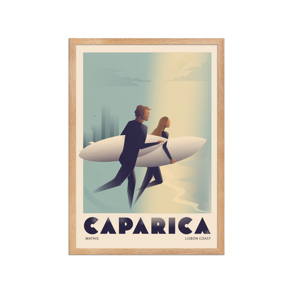 Framed Couple surf framed print mockup in oak frame - hand-drawn Portugal wall art by MATHIS