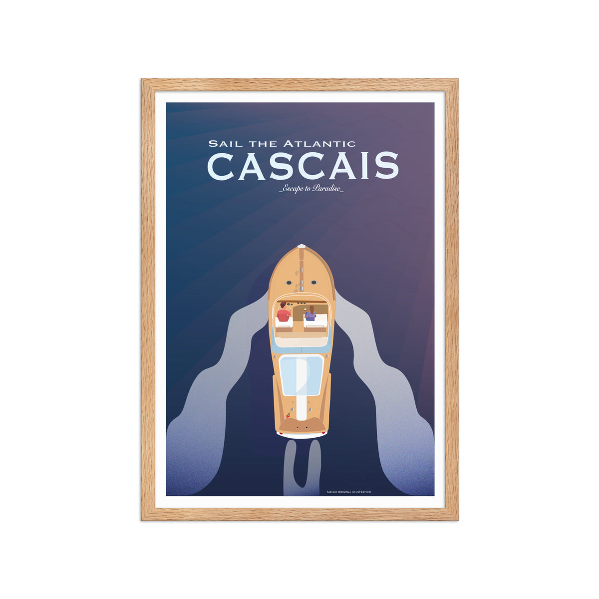 Framed Cascais boat couple framed print mockup in oak frame - hand-drawn Cascais wall art by MATHIS