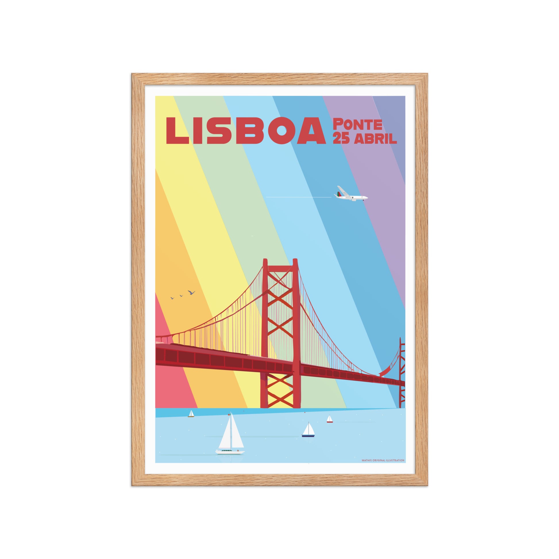 Framed Bridge Multicolor framed print mockup in oak frame - hand-drawn Portugal wall art by MATHIS